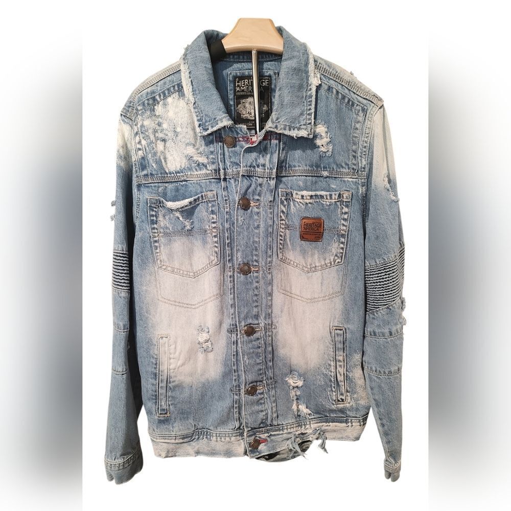 Heritage By America 1776 Denim Distillery Distressed Denim Jacket Size XL Rocker